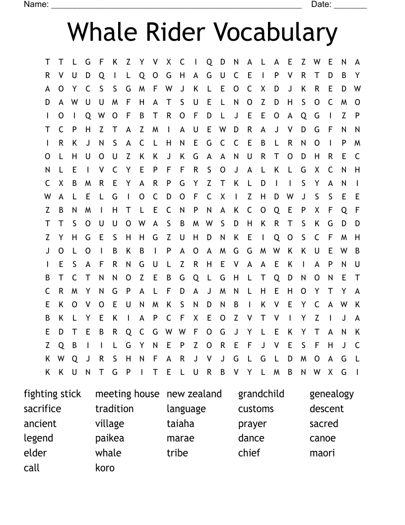 Whale Rider Vocabulary Word Search
