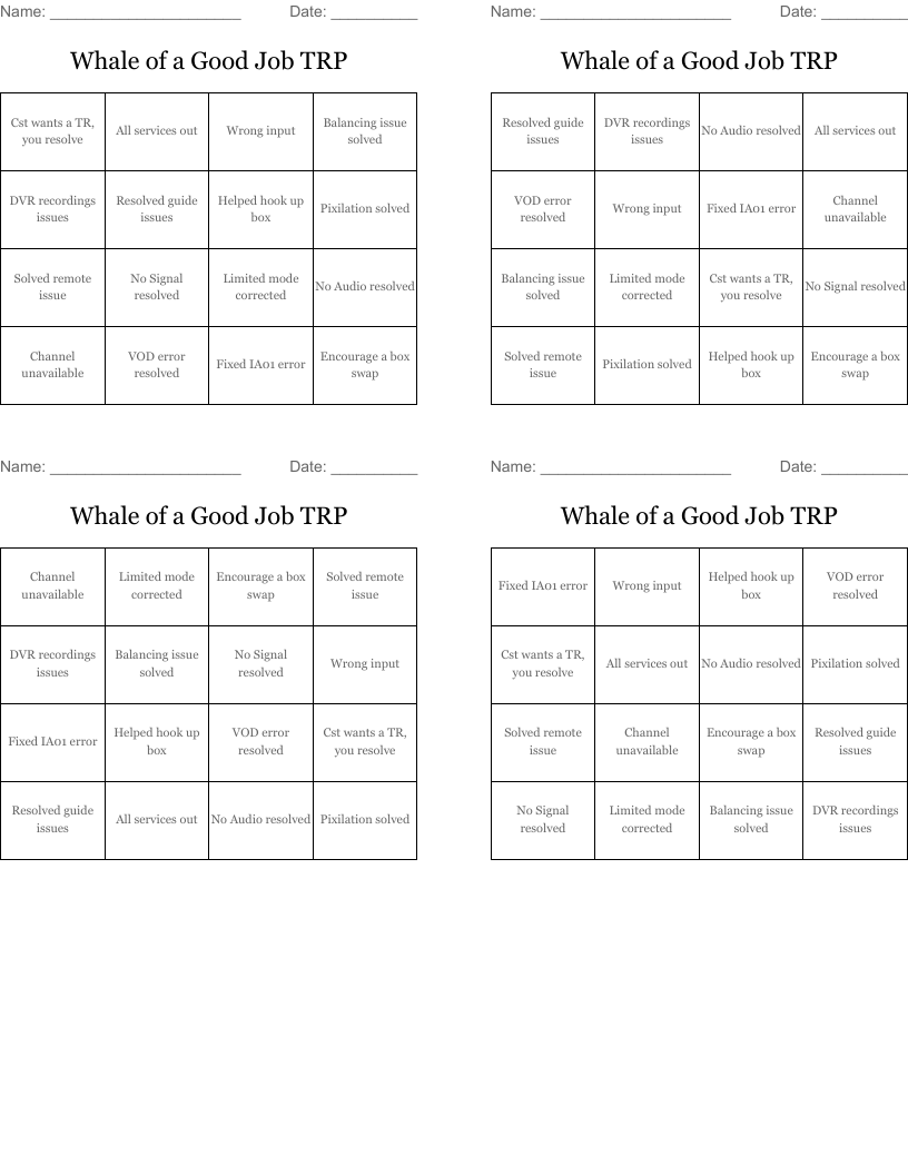 Whale  of a Good Job TRP Bingo Cards