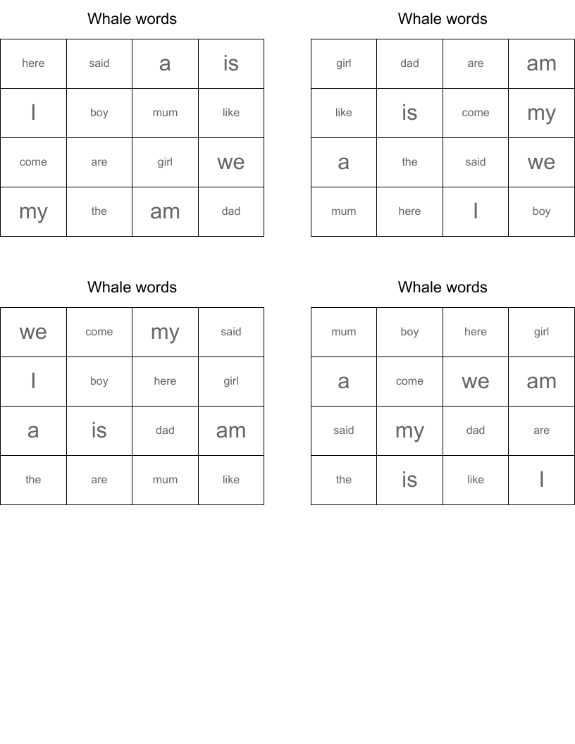 Whale words Bingo Cards