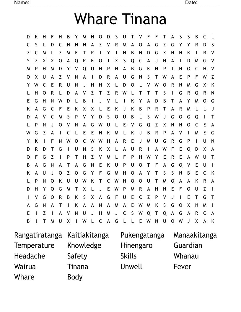Whare Tinana Word Search