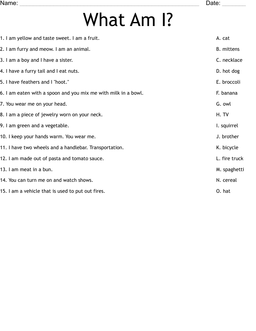 What Am I? Worksheet
