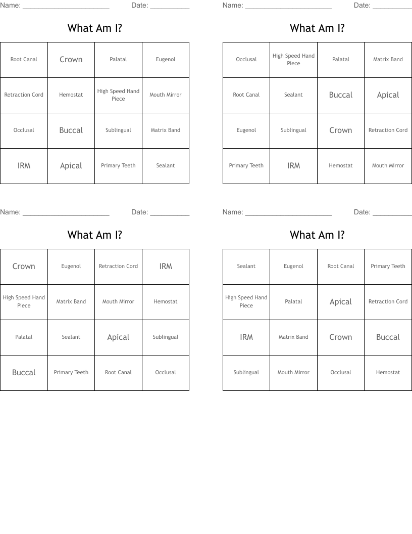 What Am I? Bingo Cards