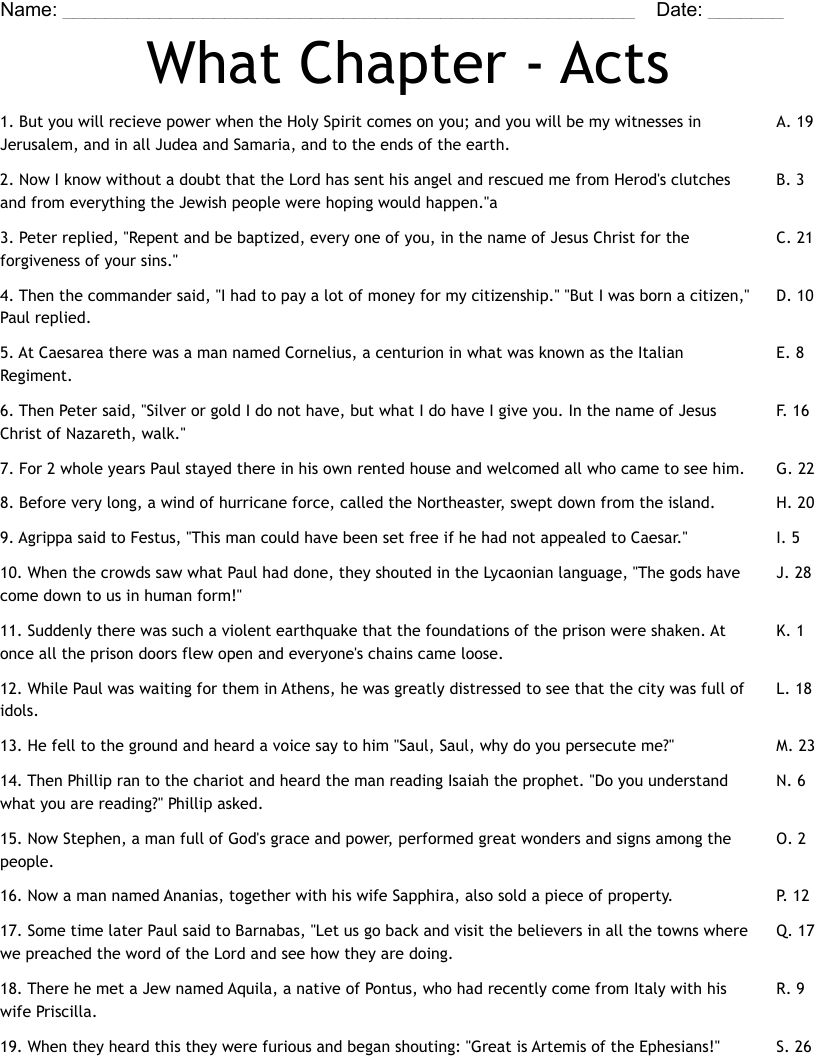 What Chapter - Acts Worksheet