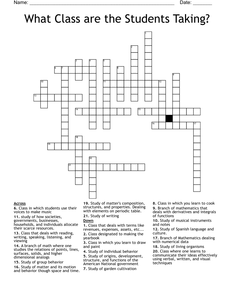 What Class are the Students Taking? Crossword