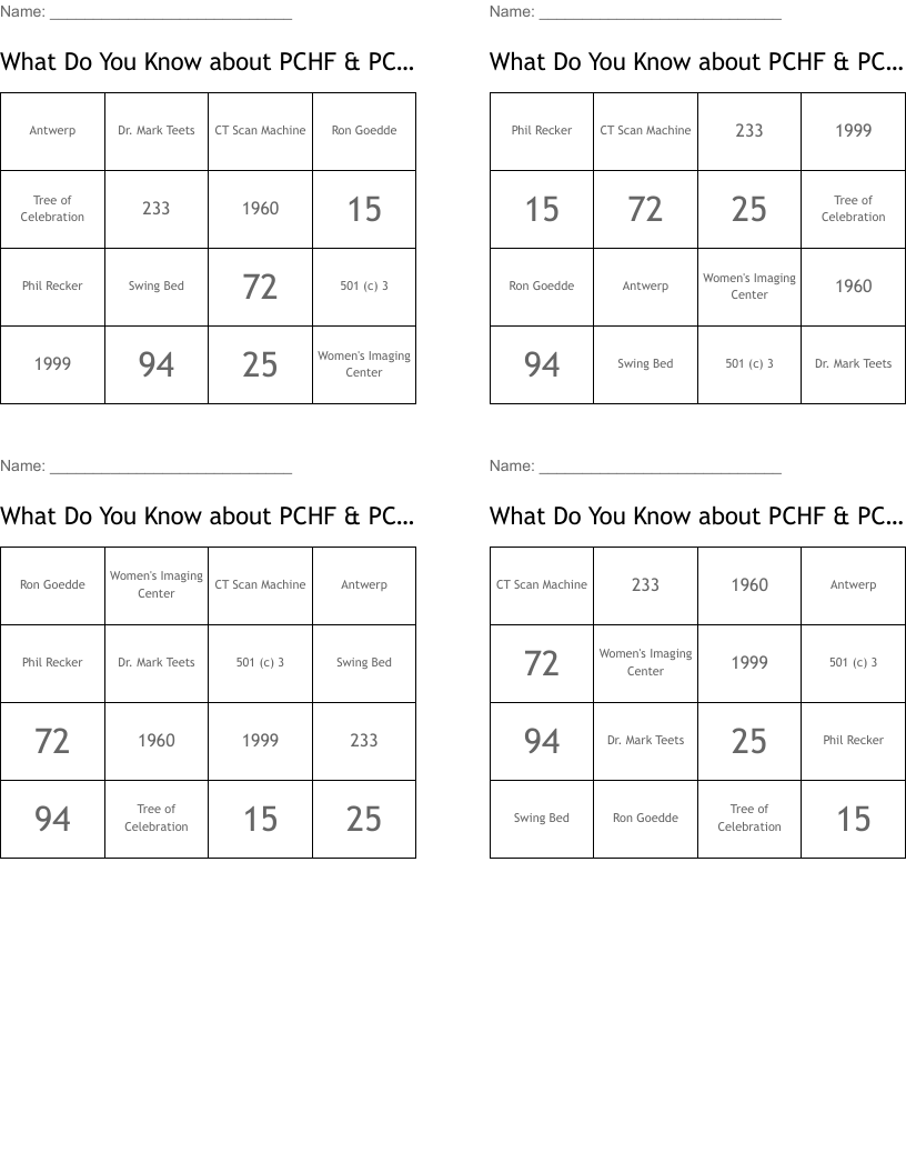 What Do You Know about PCHF & PCH? Bingo Cards