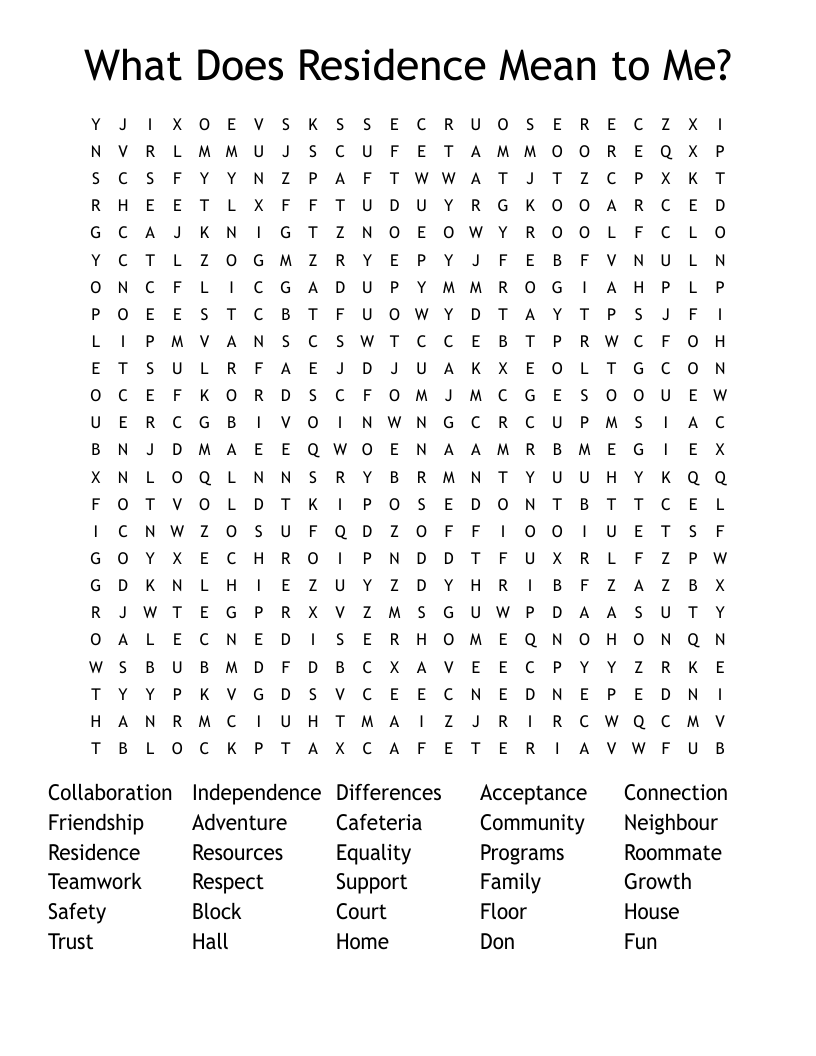What Does Residence Mean to Me? Word Search