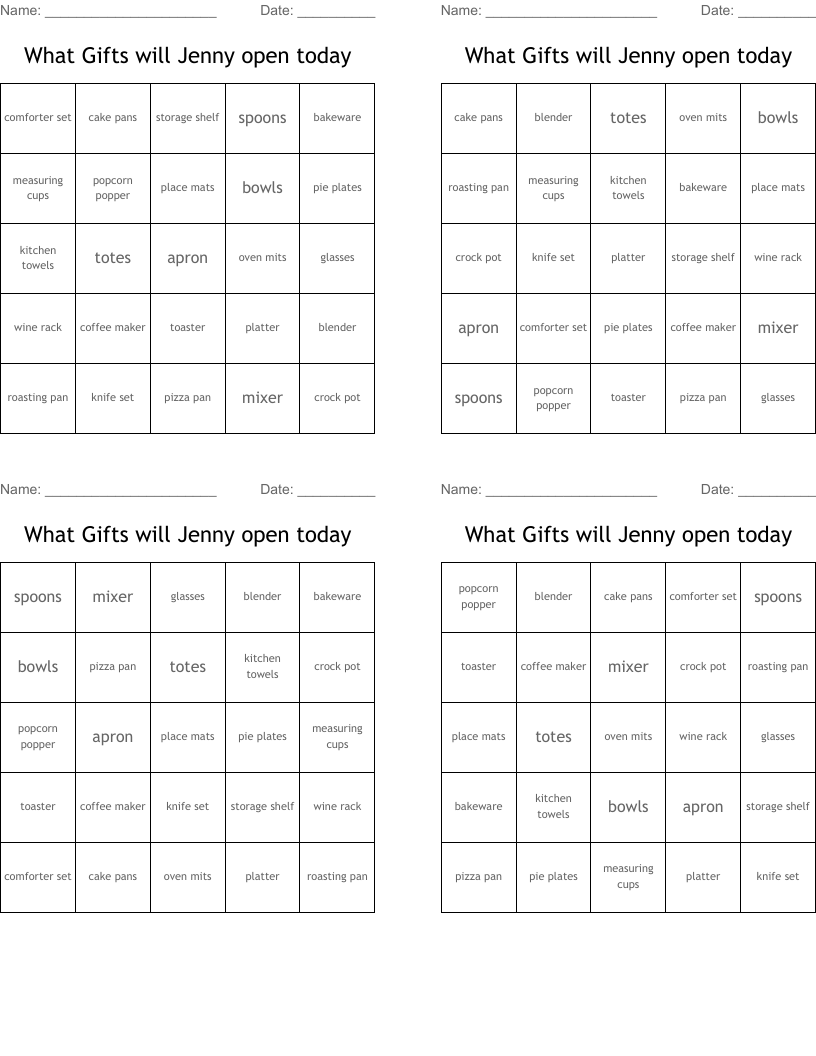 What Gifts will Jenny open today Bingo Cards