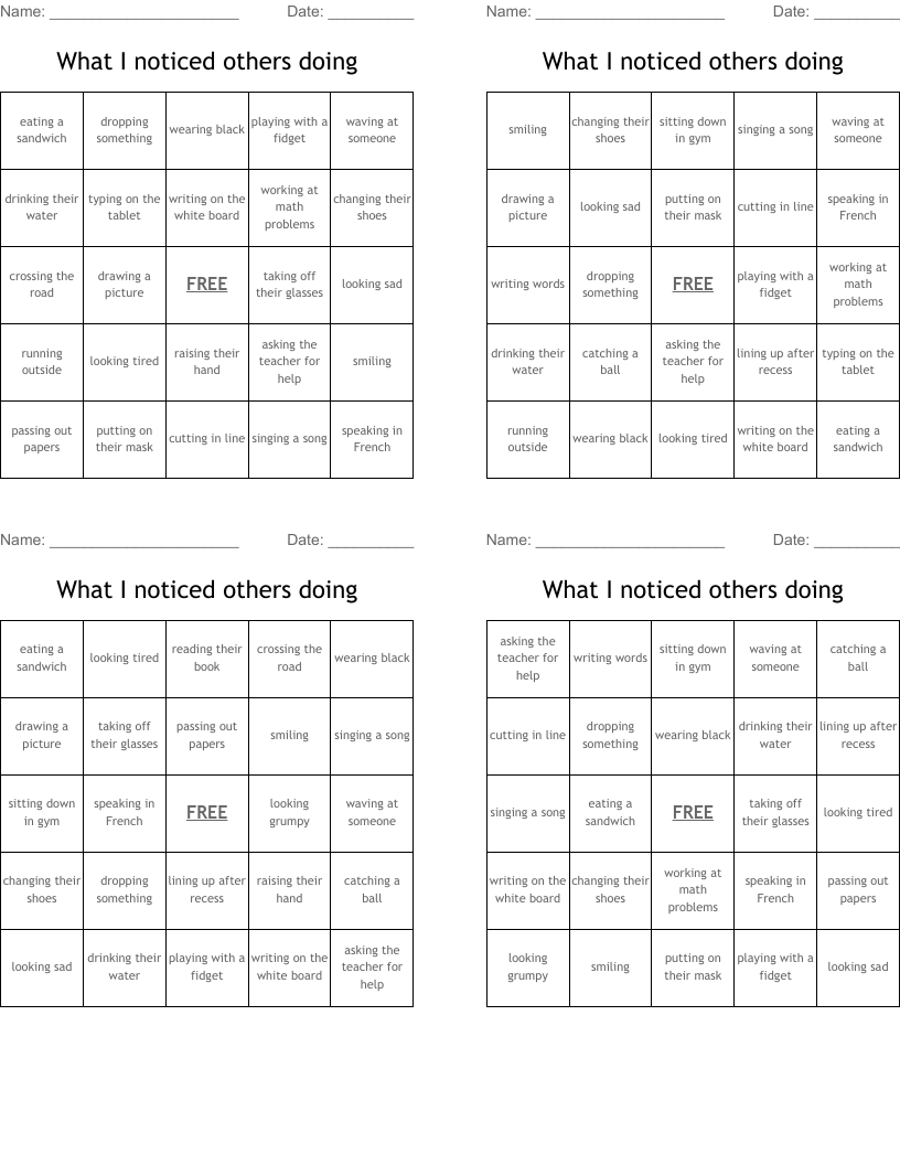What I noticed others doing Bingo Cards