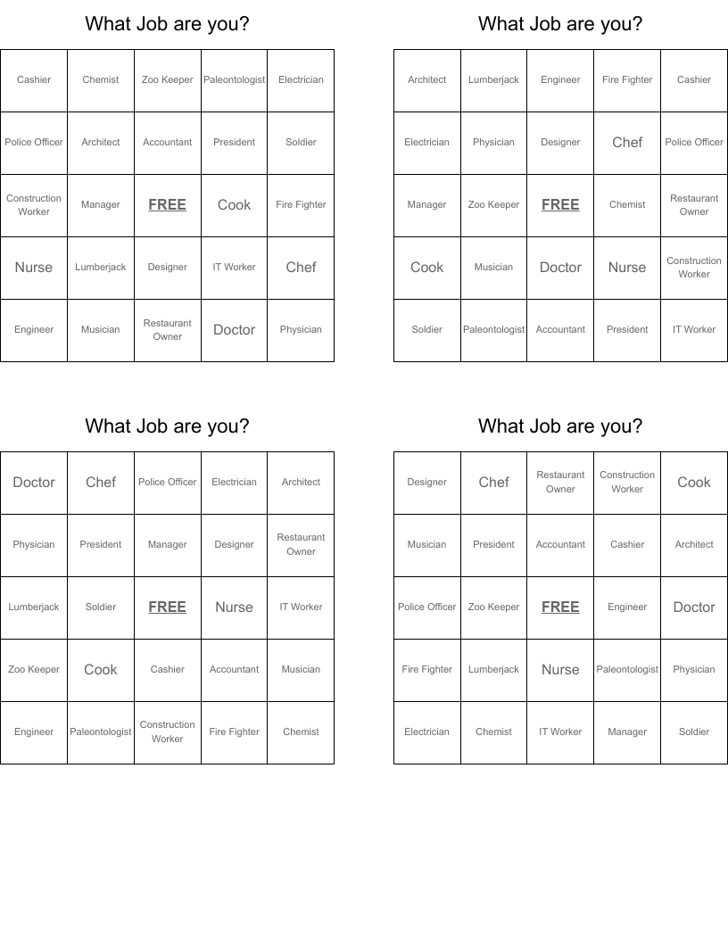 What Job are you? Bingo Cards