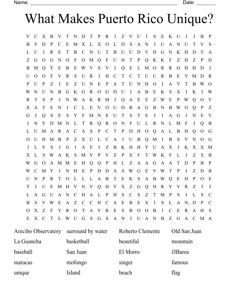 What Makes Puerto Rico Unique? Word Search