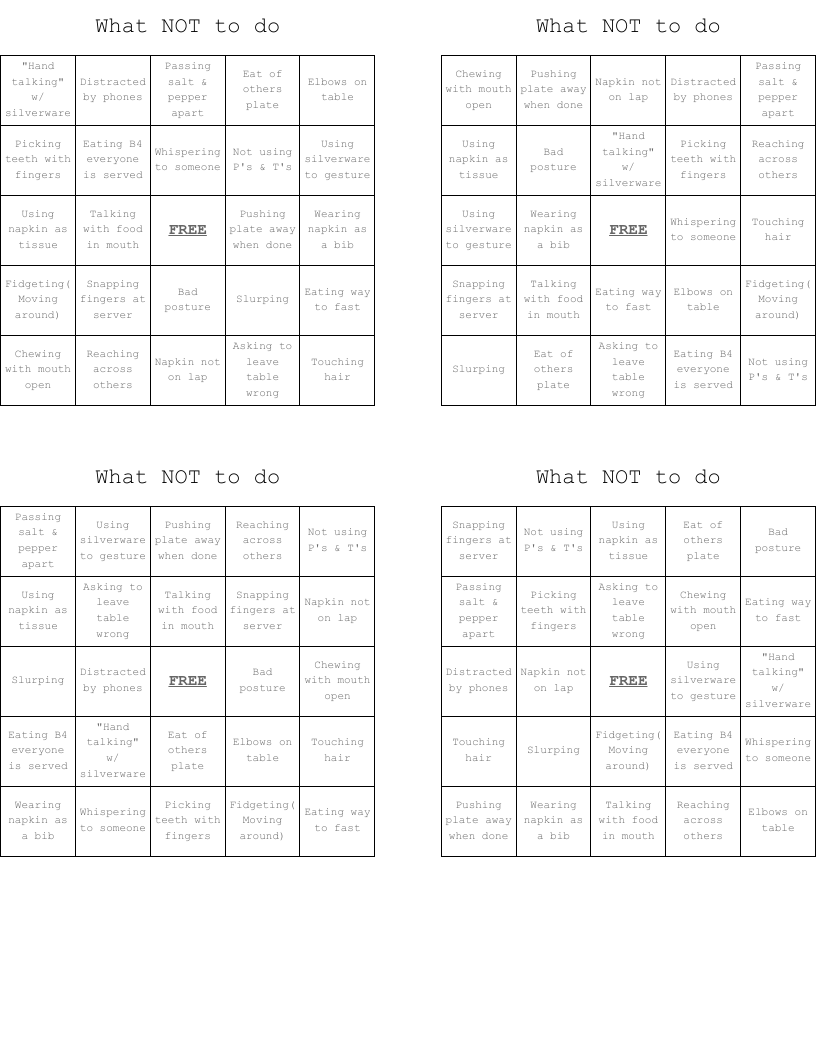 What NOT to do Bingo Cards