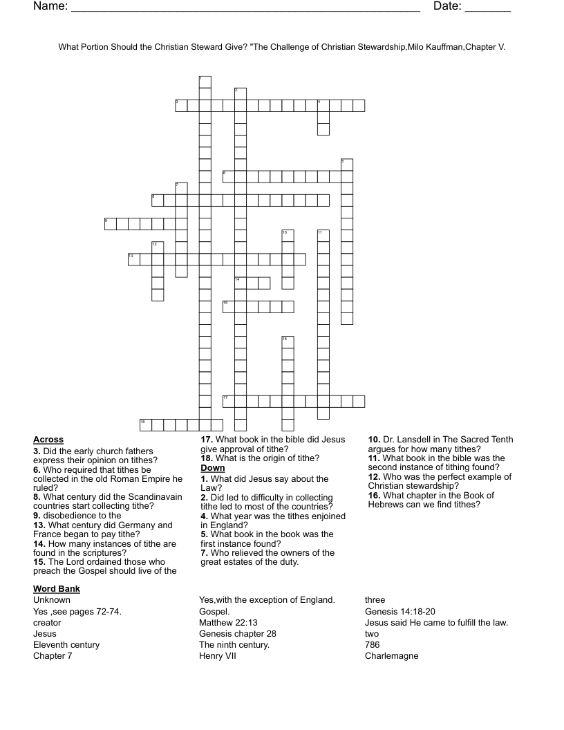 What Portion Should the Christian Steward Give? "The Challenge of Christian Stewardship,Milo Kauffman,Chapter V. Crossword