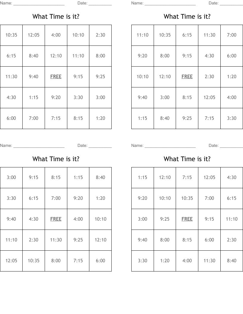 What Time is it? Bingo Cards