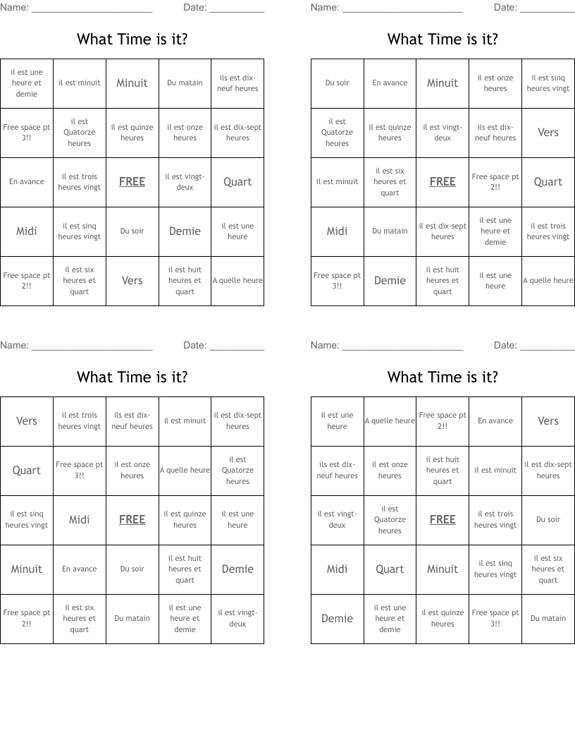 What Time is it? Bingo Cards