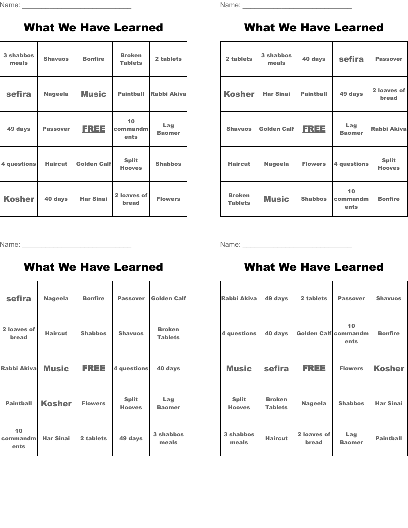 What We Have Learned Bingo Cards
