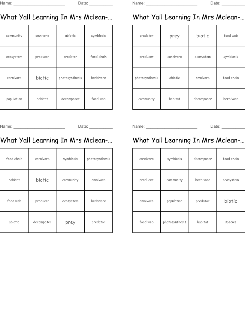 What Yall Learning In Mrs Mclean- Ecology Bingo Cards