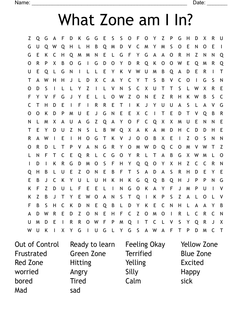 What Zone am I In? Word Search