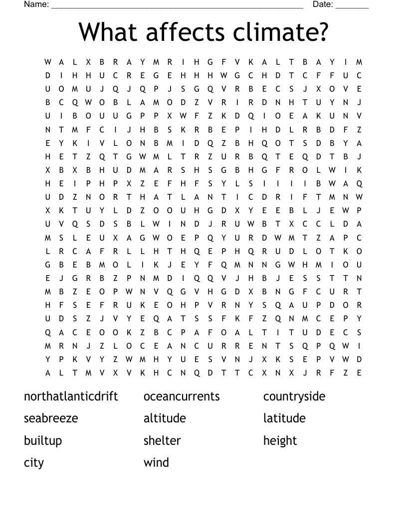 What affects climate? Word Search