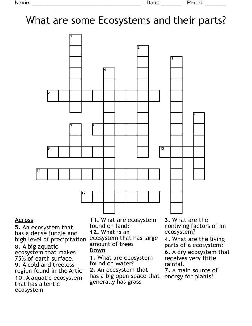 What are some Ecosystems and their parts? Crossword