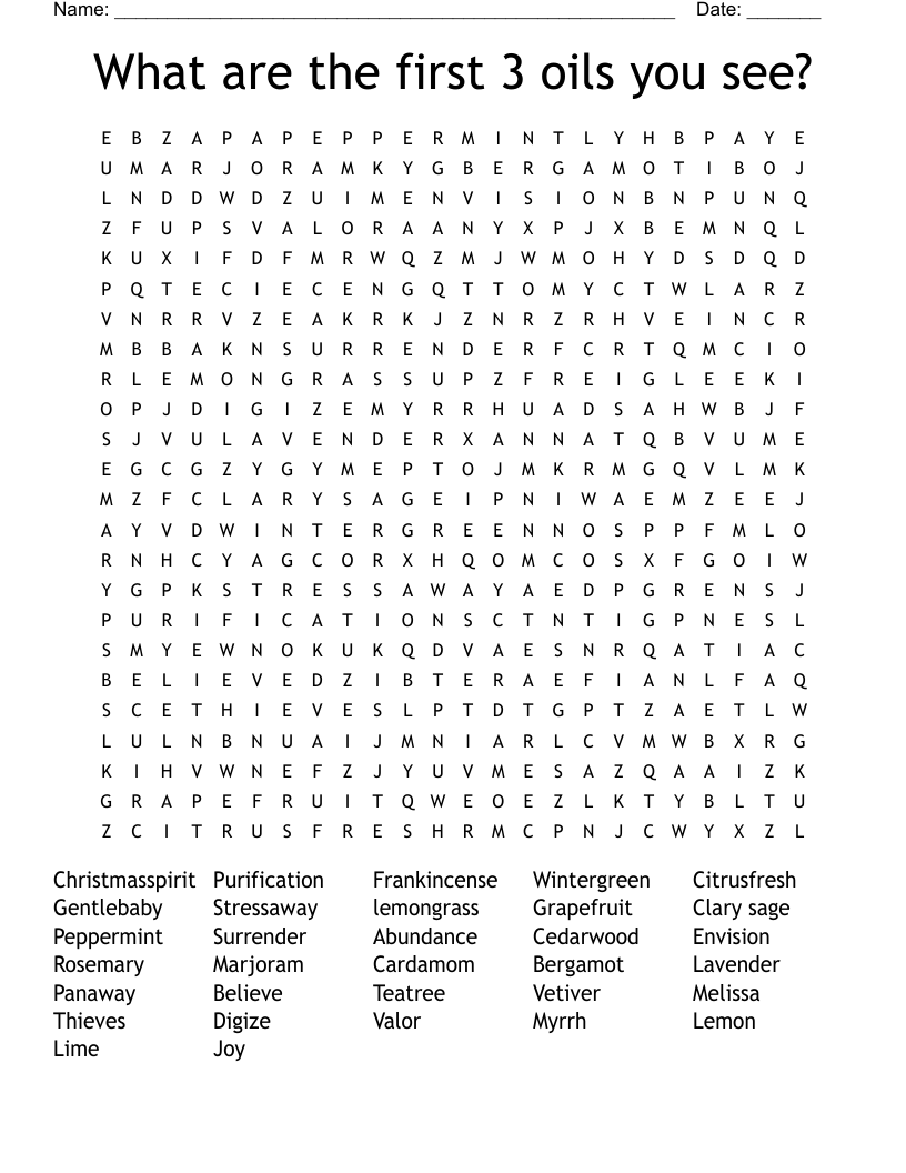 What are the first 3 oils you see? Word Search