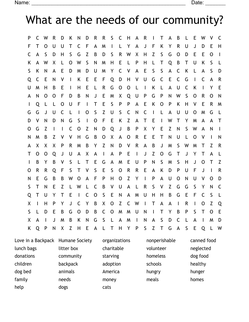 What are the needs of our community? Word Search