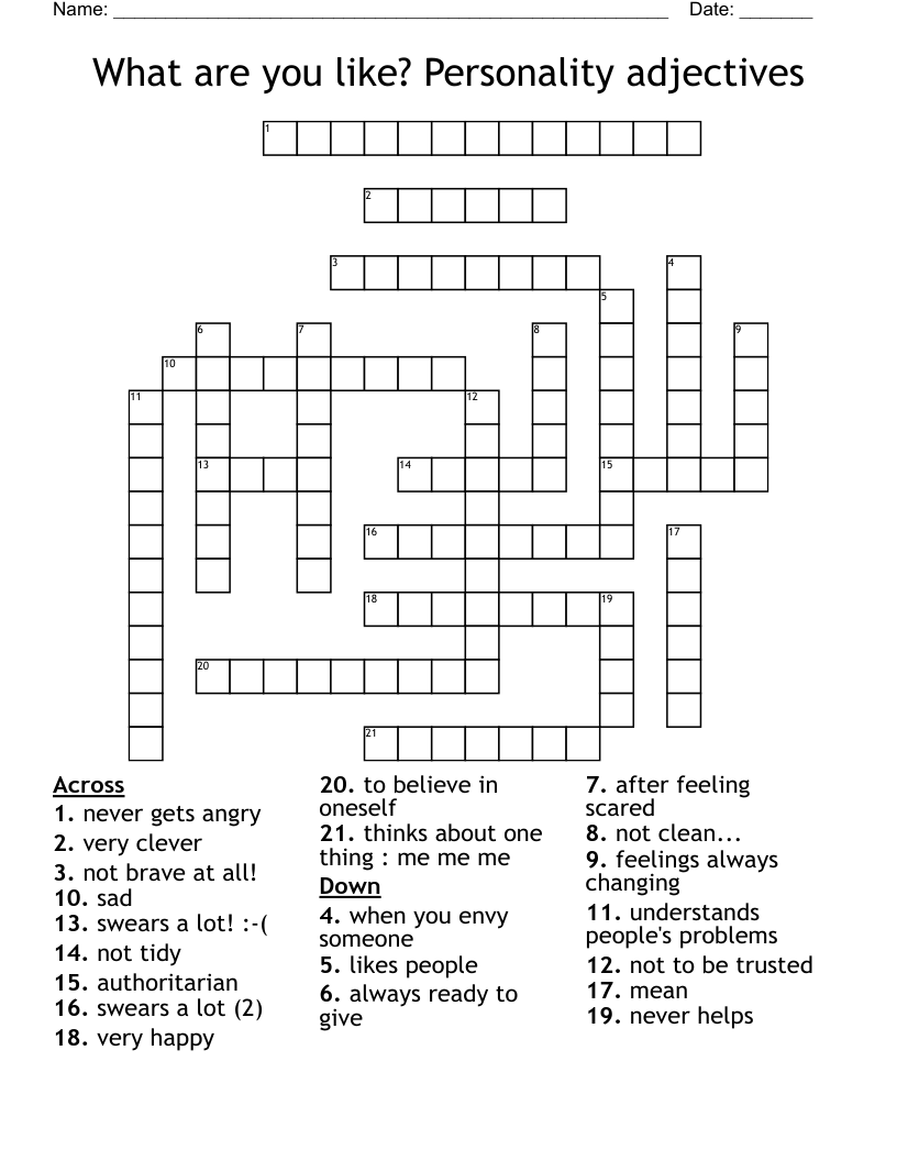 What are you like? Personality adjectives Crossword
