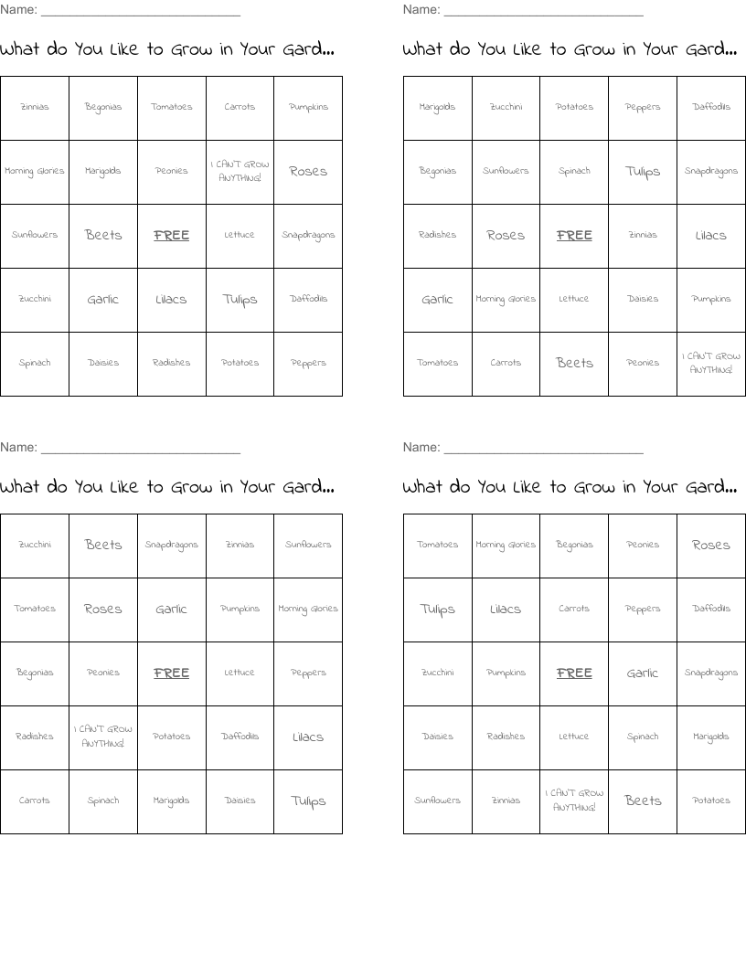 What do You Like to Grow in Your Garden? Bingo Cards