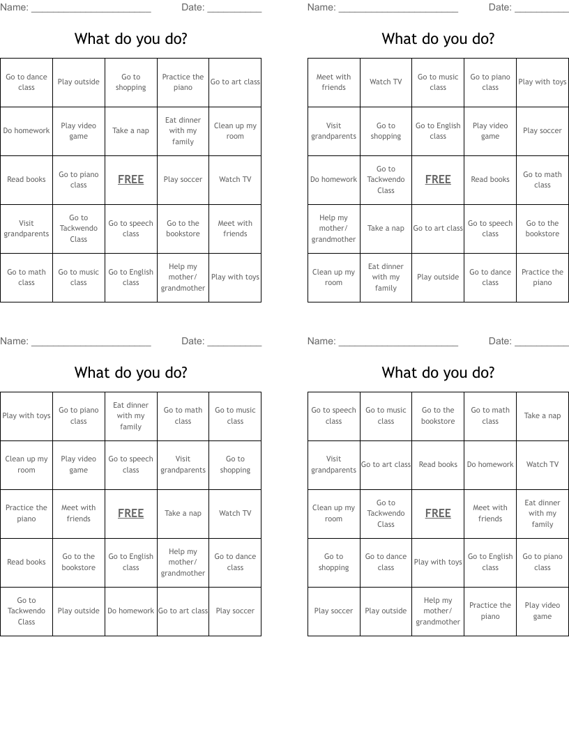 What do you do? Bingo Cards