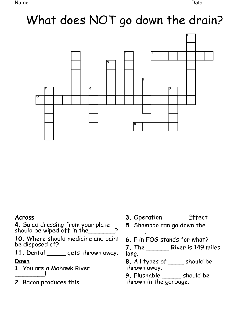 What does NOT go down the drain? Crossword