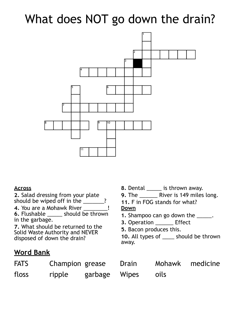 What does NOT go down the drain? Crossword
