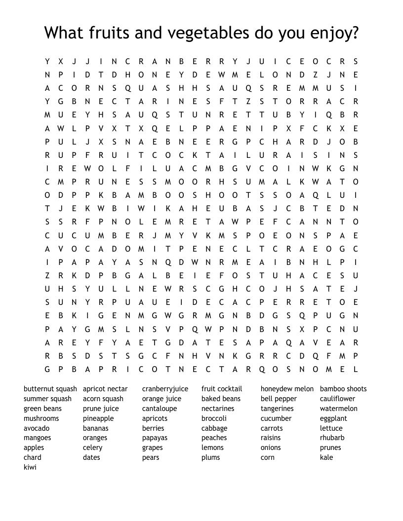 What fruits and vegetables do you enjoy?  Word Search