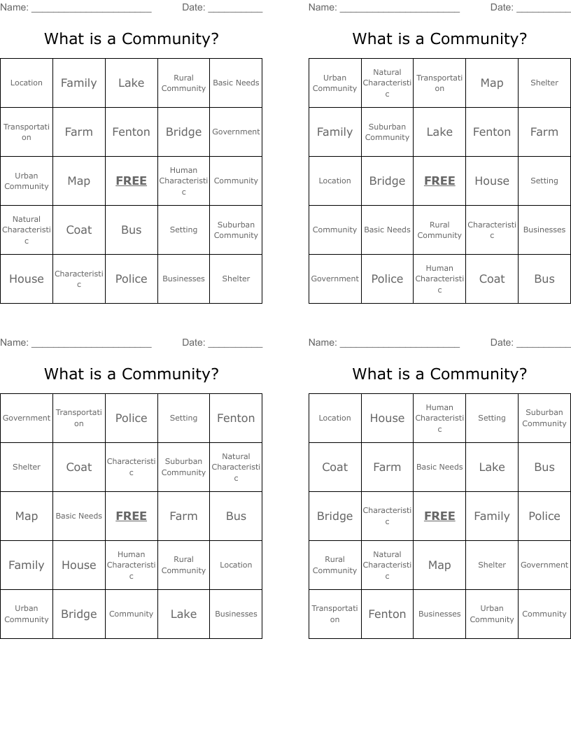 What is a Community?  Bingo Cards