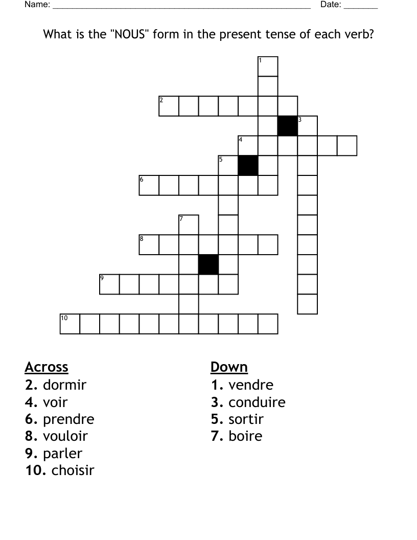 What is the "NOUS" form in the present tense of each verb? Crossword