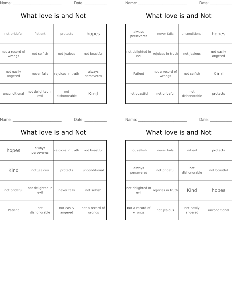 What love is and Not Bingo Cards