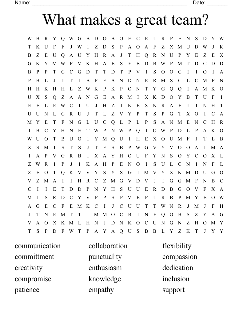 What makes a great team? Word Search
