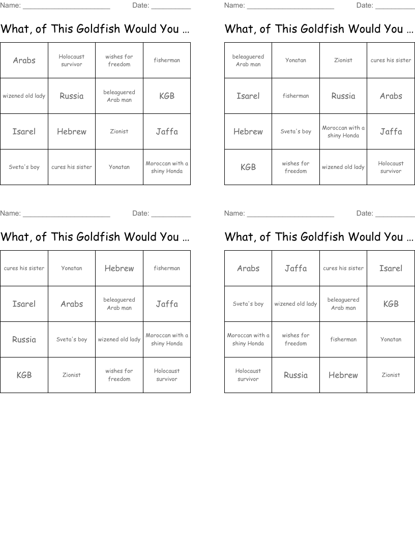 What, of This Goldfish Would You Wish? Bingo Cards