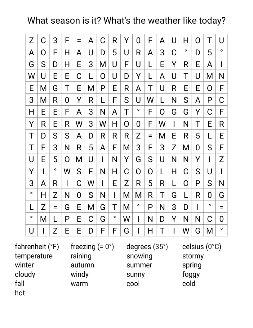What season is it?  What's the weather like today? Word Search
