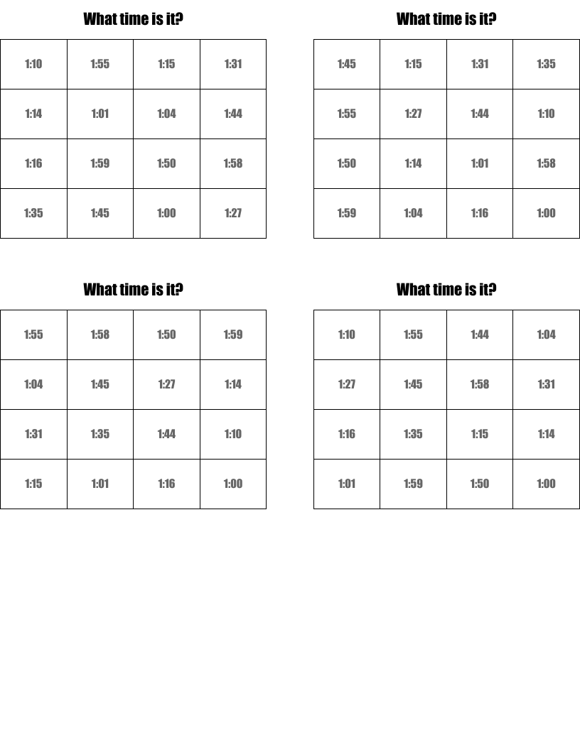 What time is it? Bingo Cards