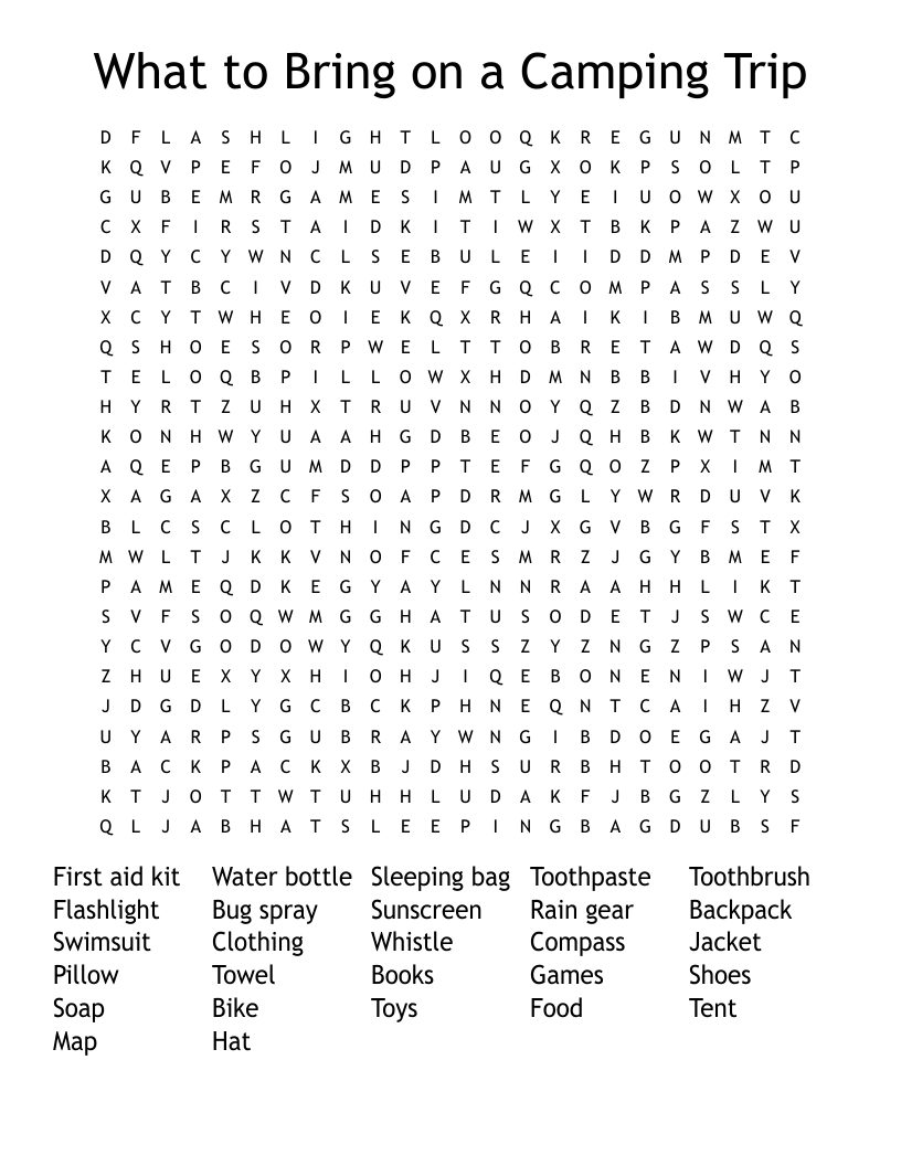 What to Bring on a Camping Trip Word Search