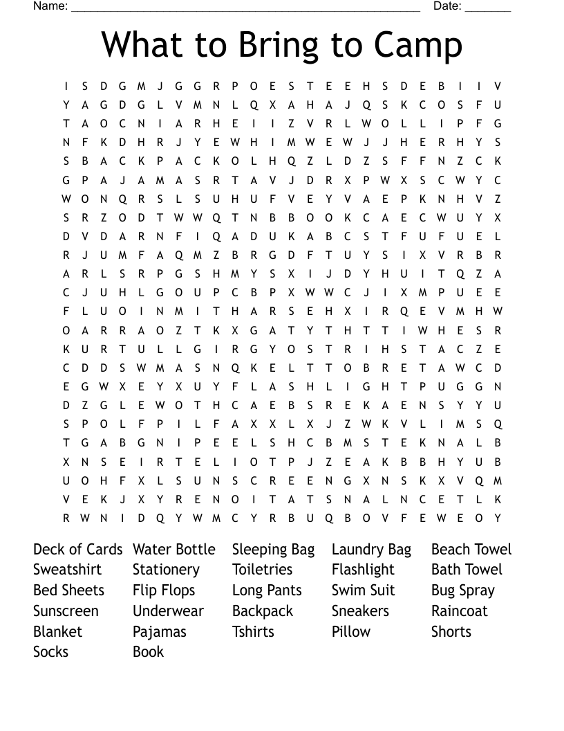 What to Bring to Camp Word Search