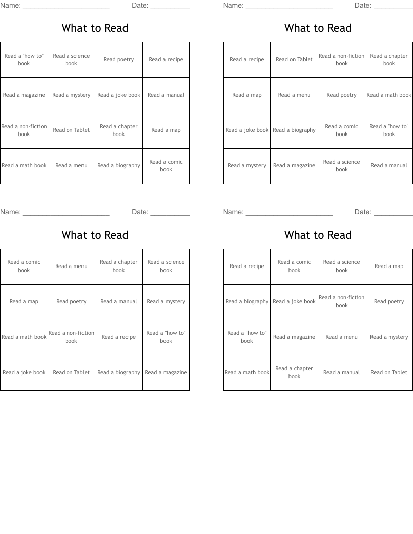What to Read Bingo Cards