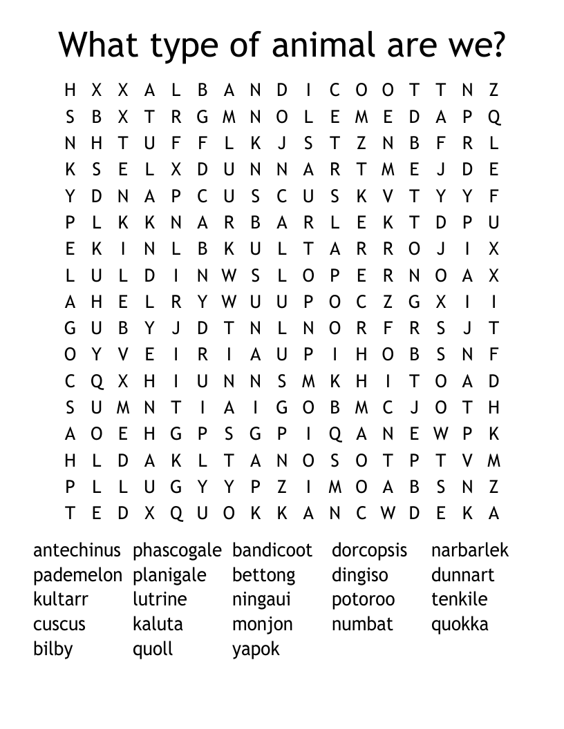 What type of animal are we? Word Search