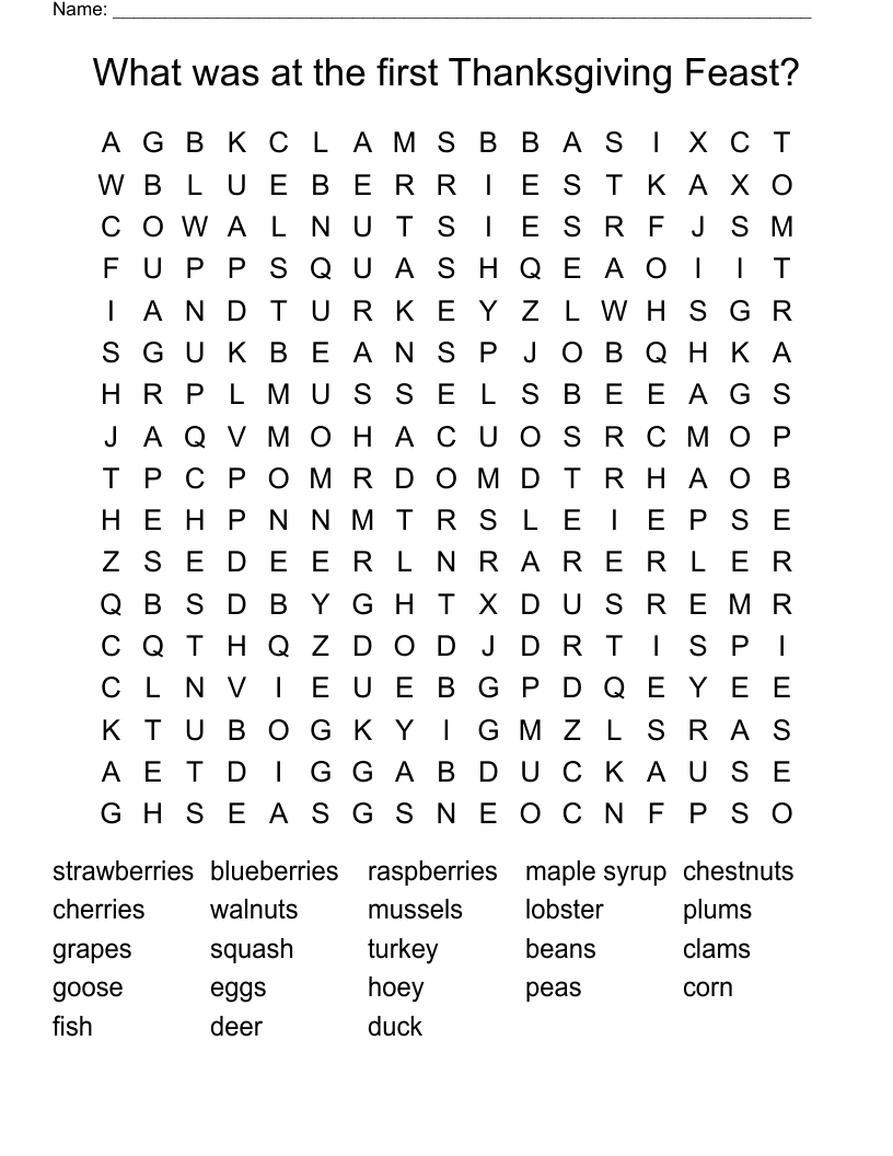 What was at the first Thanksgiving Feast? Word Search