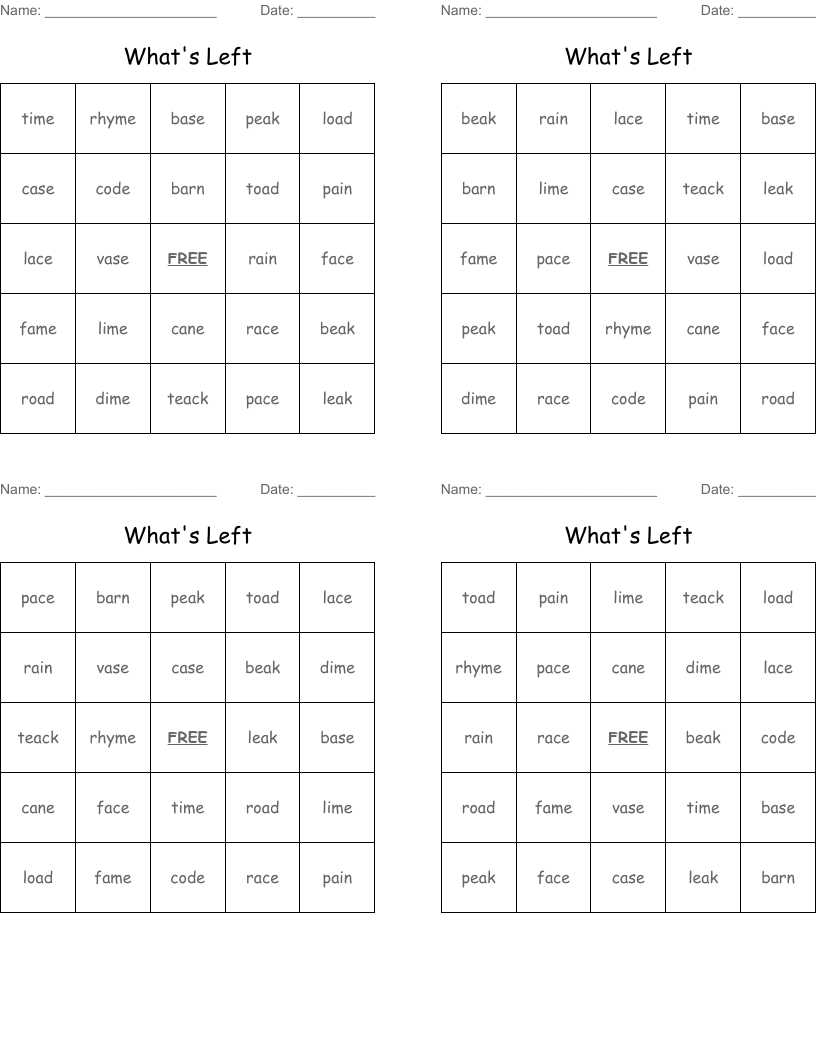 What's Left Bingo Cards