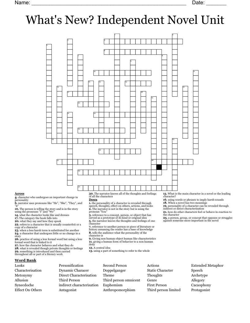 What's New? Independent Novel Unit Crossword