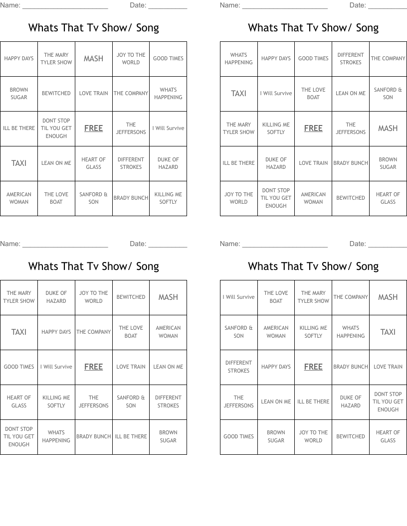 Whats That Tv Show/ Song  Bingo Cards
