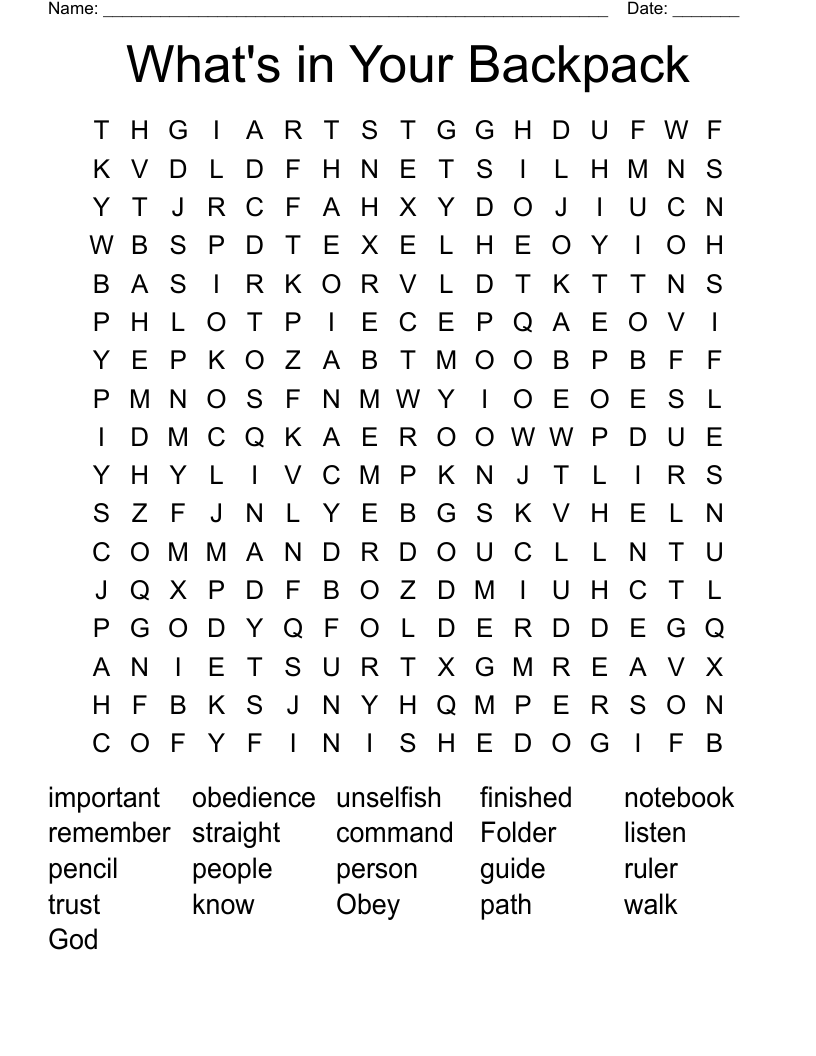 What's in Your Backpack Word Search