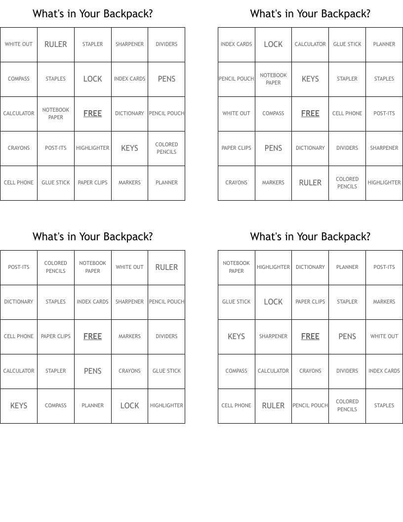 What's in Your Backpack?  Bingo Cards