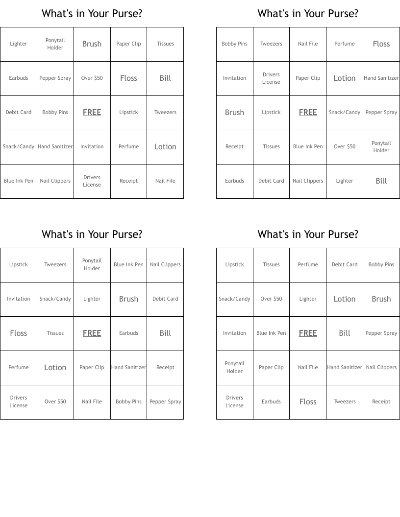 What's in Your Purse? Bingo Cards