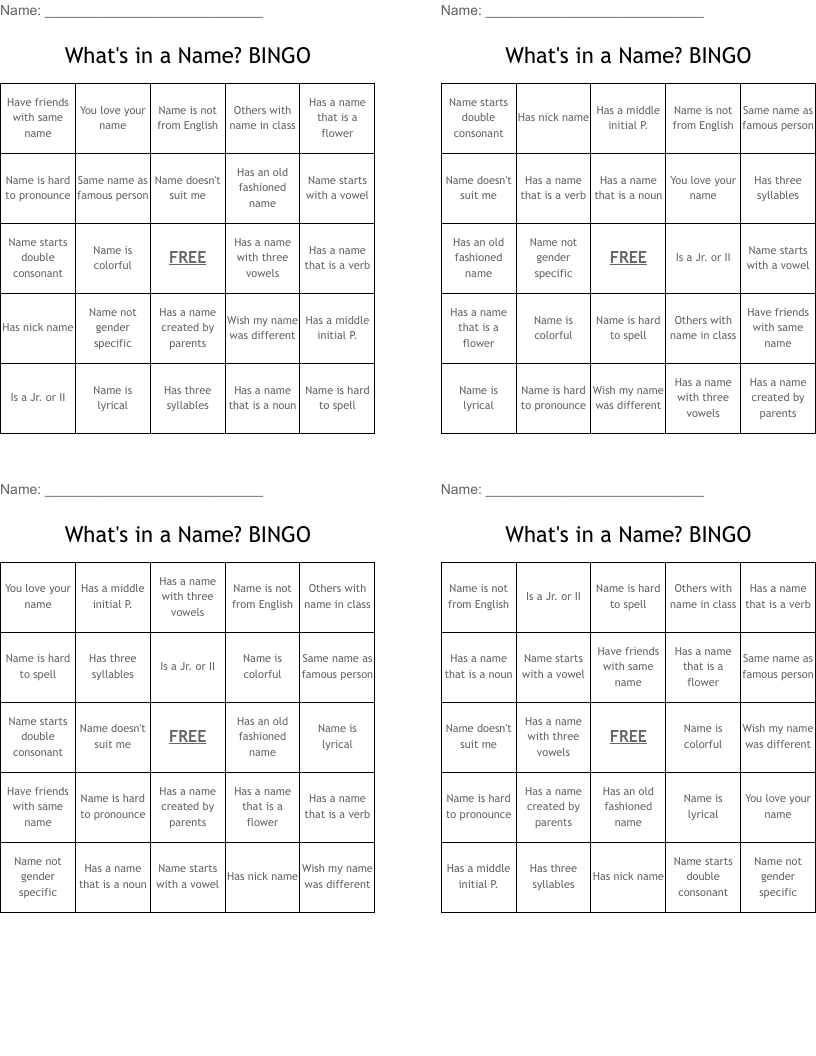 What's in a Name? BINGO